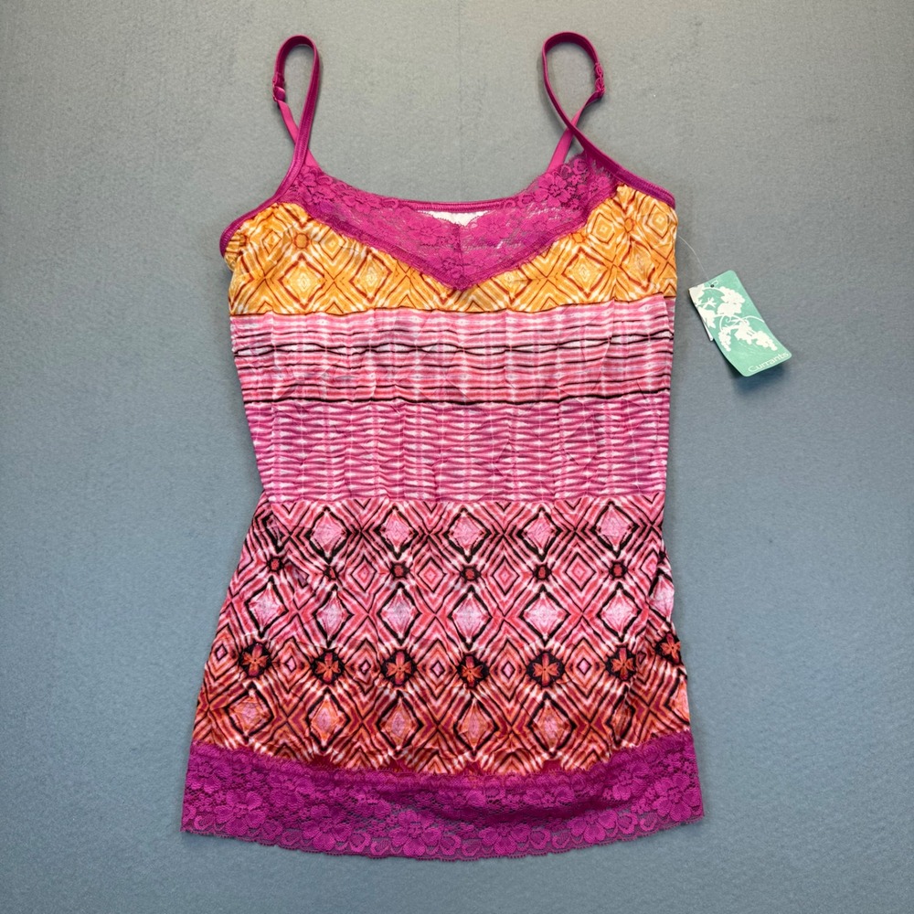 Currants Pink Geometric Lace Trim Cami Tank Top Womens Size Medium NWT 27893